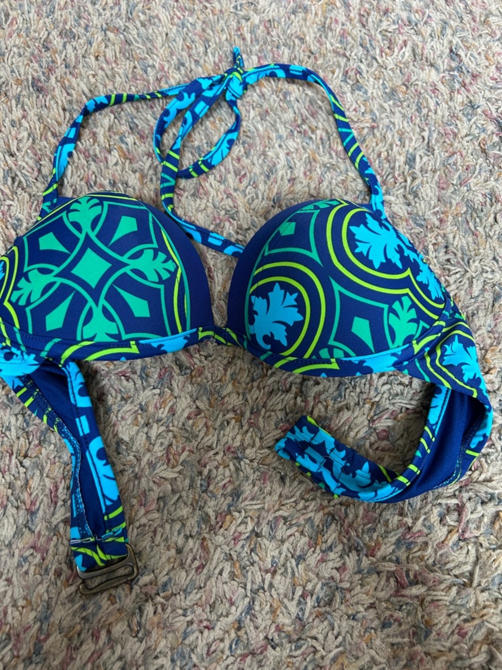 STYLUS Teal, Lime and Navy Geometric Bikini Top